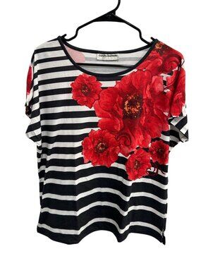 Cathy Daniels Black White Striped Short Sleeve Red Floral Top Preppy Chic